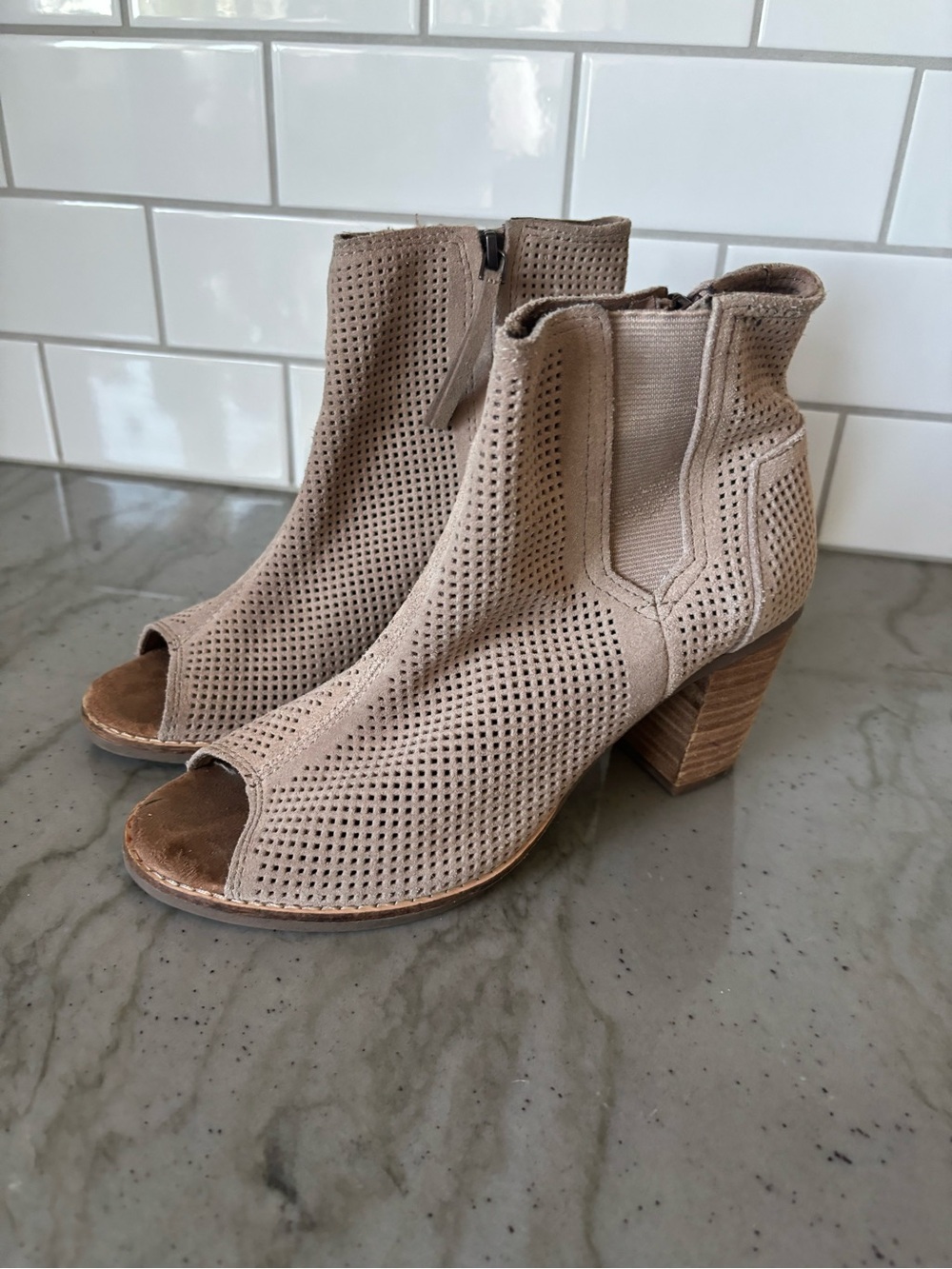 Toms Majorca Taupe Perforated Peep-Toe Ankle Booties